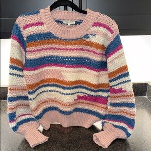 Striped Pink Crewneck Knit Sweater with Multi-Color Waves